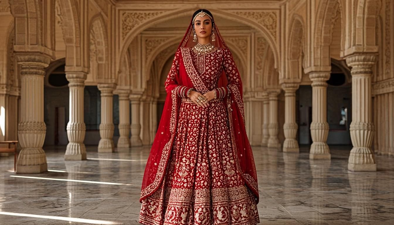 Bride wearing royal red bridal lehenga from Queen's Closet Kharar