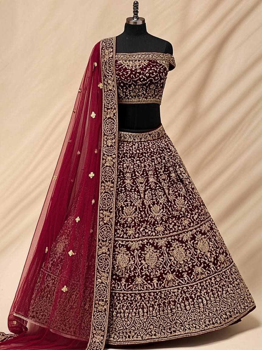 Maroon Gold Zardozi Lehenga - Lehenga at Queen's Closet Kharar