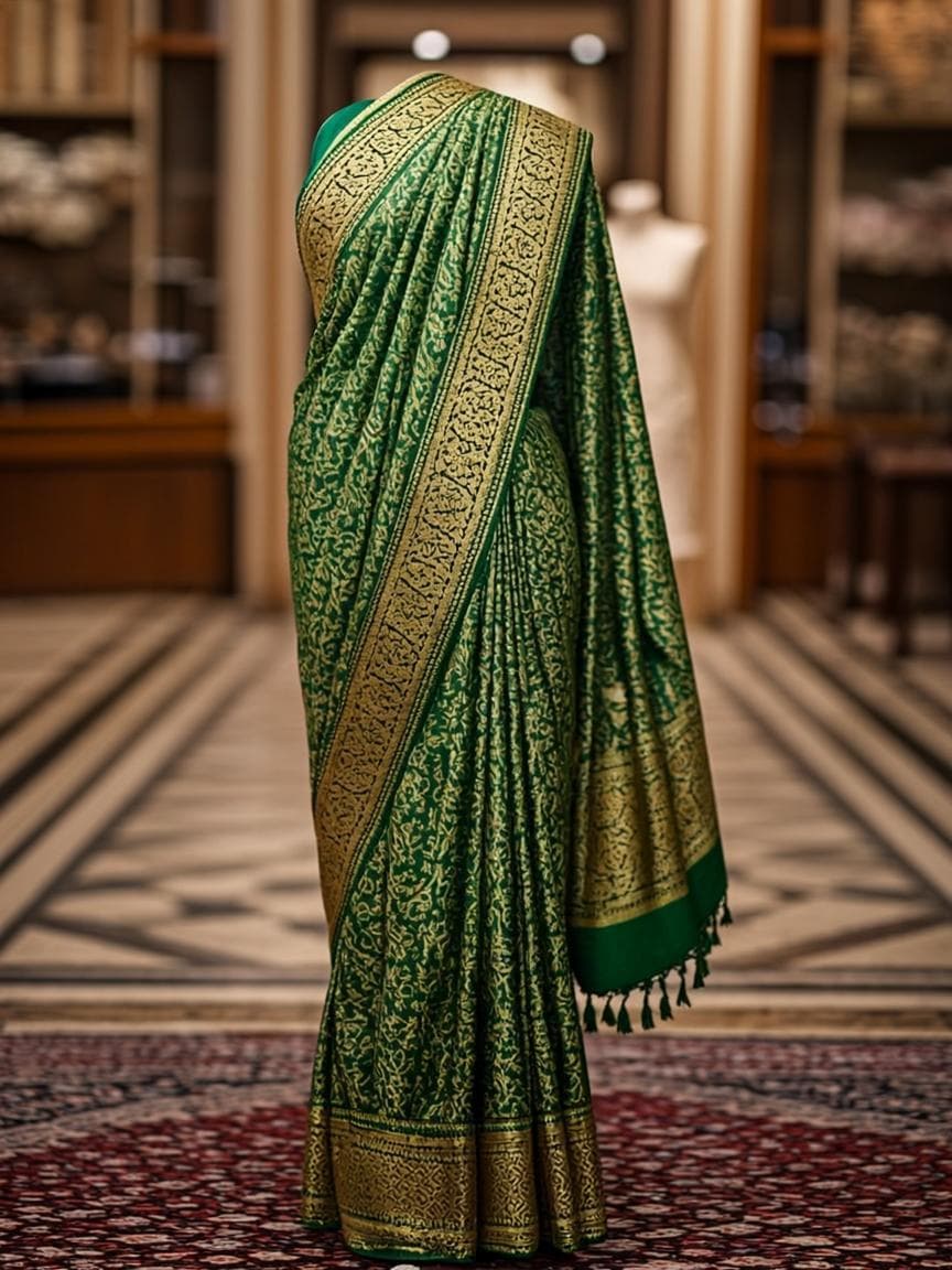 Emerald Banarasi Silk Saree - Designer Saree at Queen's Closet Kharar